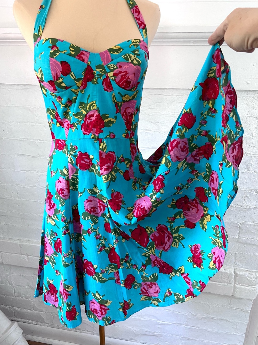 Betsey Johnson Turquoise Blue Floral Cotton Retro Halter Dress Fit And Flare 6 - Picture 10 of 14
